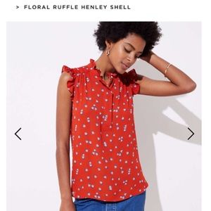 LOFT red floral ruffle Henley shell - size medium